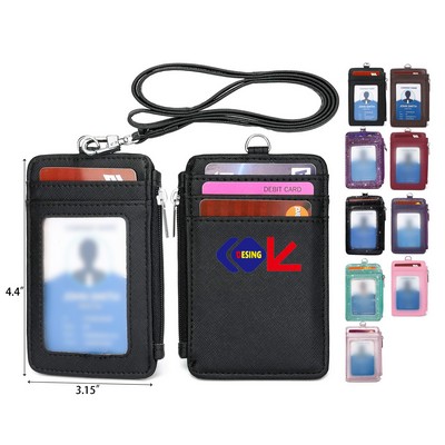 ID Card Slots Neck Lanyard PU Leather Wallet Case