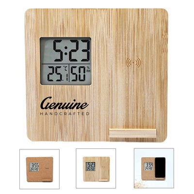 Bamboo Alarm Clock with Wireless Charging Pad and Temperature