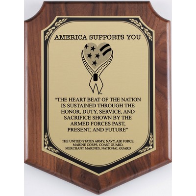 Walnut Satin Finish Shield with Brass Plate, 7"x8"