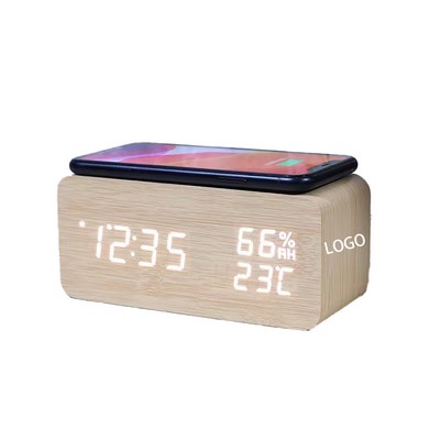 Wooden Digital Alarm Clock W/ Wireless Charging