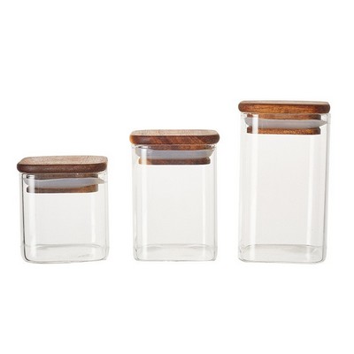 Airtight Glass Food Storage Organization Containers Set of 3 Pcs Glass Spice Jars with wooden Lids