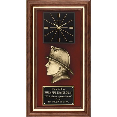 Walnut Frame Quartz Clock w/Cast Metal Fireman on Red Velour, 13"x24"