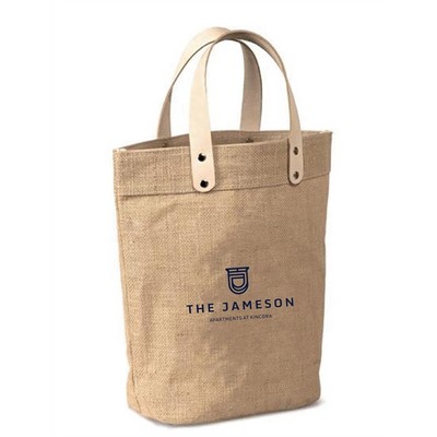 Jute gift bag with thick leather handles and rivets