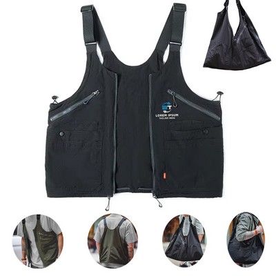 Men's Vintage Sleeveless Nylon Vest Multi-Pockets Outdoor Functional Dual Purpose Bag Coat