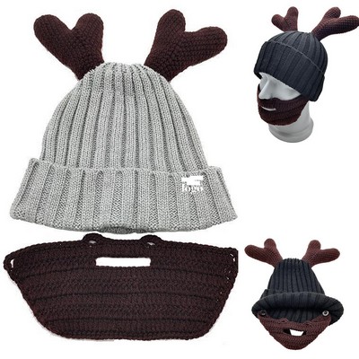 Winter Knitted Cap Antlers Beanie Removable Beard Hat