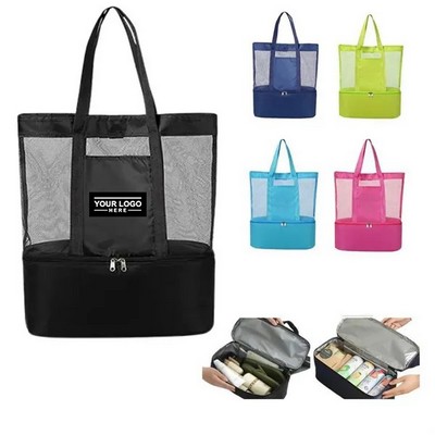 Beach Mesh Tote Bag With Insulated Cooler Compartment