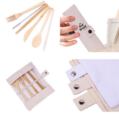 Bamboo Cutlery Set With Fabric Pouch Knife Spoon Fork